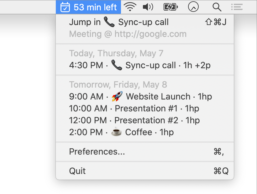 Jump In Meeting menu bar dropdown with upcoming calls